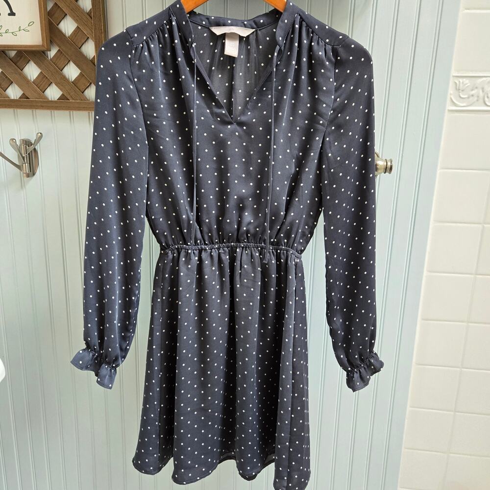 H&M Dark Grey and White Polka Dot Long Sleeve Satin Dress